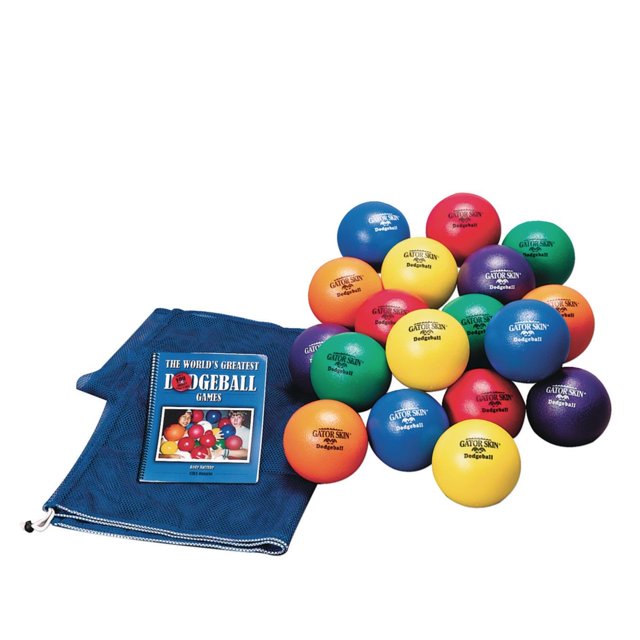 S&S Worldwide Gator Skin Elementary School Dodgeball 18 Ball Pack. Includes 18 - 6" Diameter PU Coated Foam No-Sting Dodgeballs, a Large Mesh Storage Bag and a 58 Page Dodgeball Book.