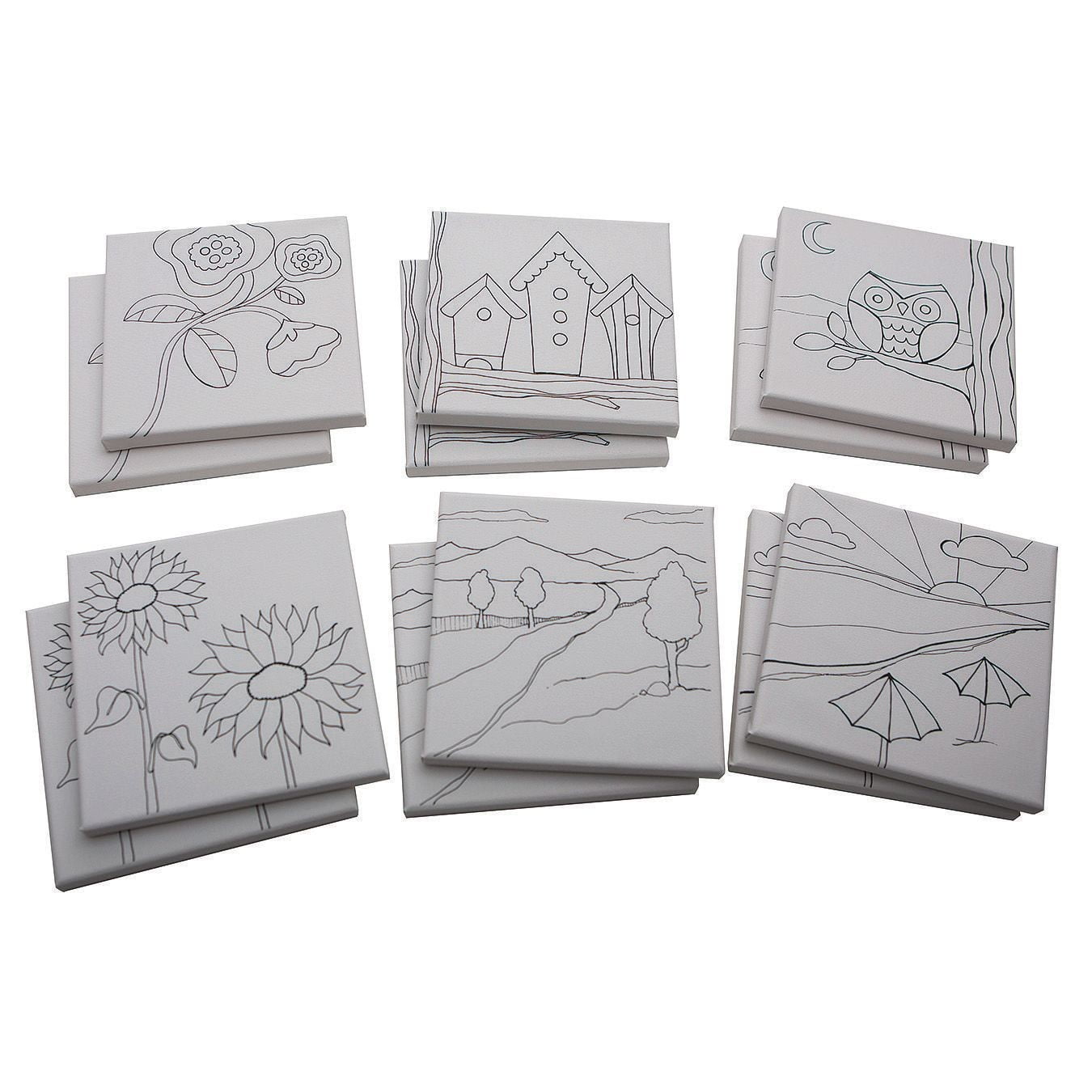 DIY Designer Pre-Printed Canvas Set, 6.5" Square, Black and White, Pack of 12
