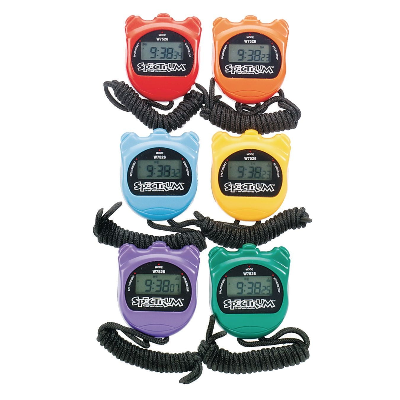 S&S Worldwide Set of 6 Stopwatches with Lanyards. 6 Different Colored 3 Button Count Up