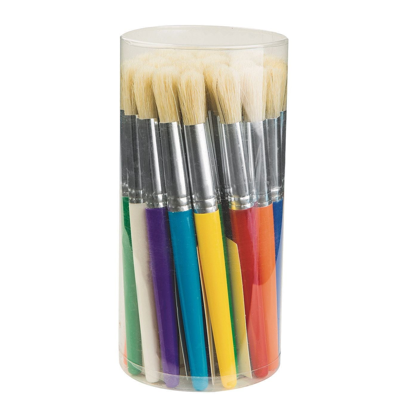 S&S Worldwide Stubby Paint Brushes, Colored Handles, Easy to Hold, Soft Natural Bristles, Aluminum Ferrule, Use with All Paints, For Kids & Adults, 7-1/2" long x 1/2" diam, Set of 30 in Canister