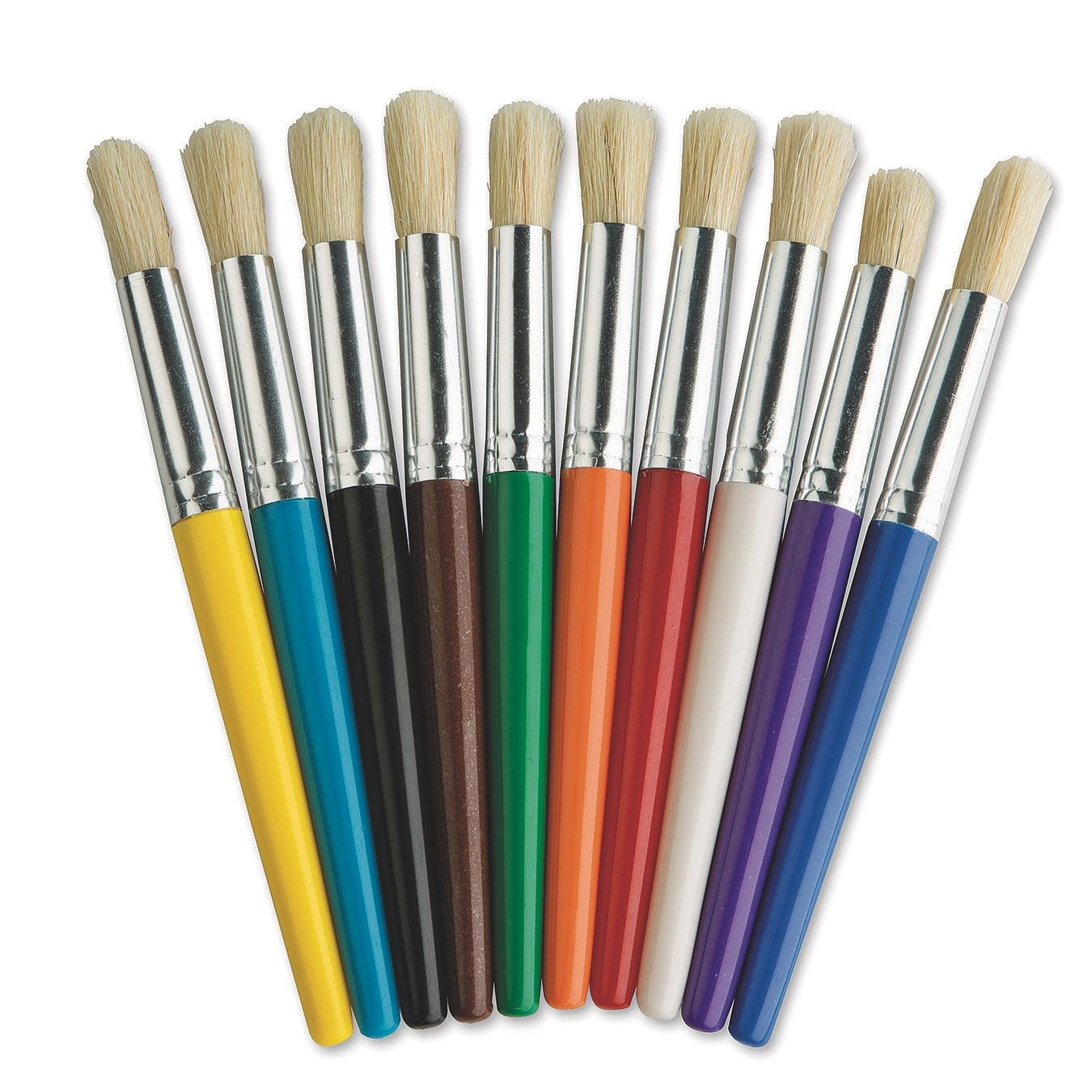S&S Worldwide Stubby Paint Brushes, Smooth, Colored Handles are Easy to Hold, Soft Natural Bristles, Aluminum Ferrule, Use with All Paints, For Kids & Adults, 7-1/2" long x 1/2" diam, Set of 10