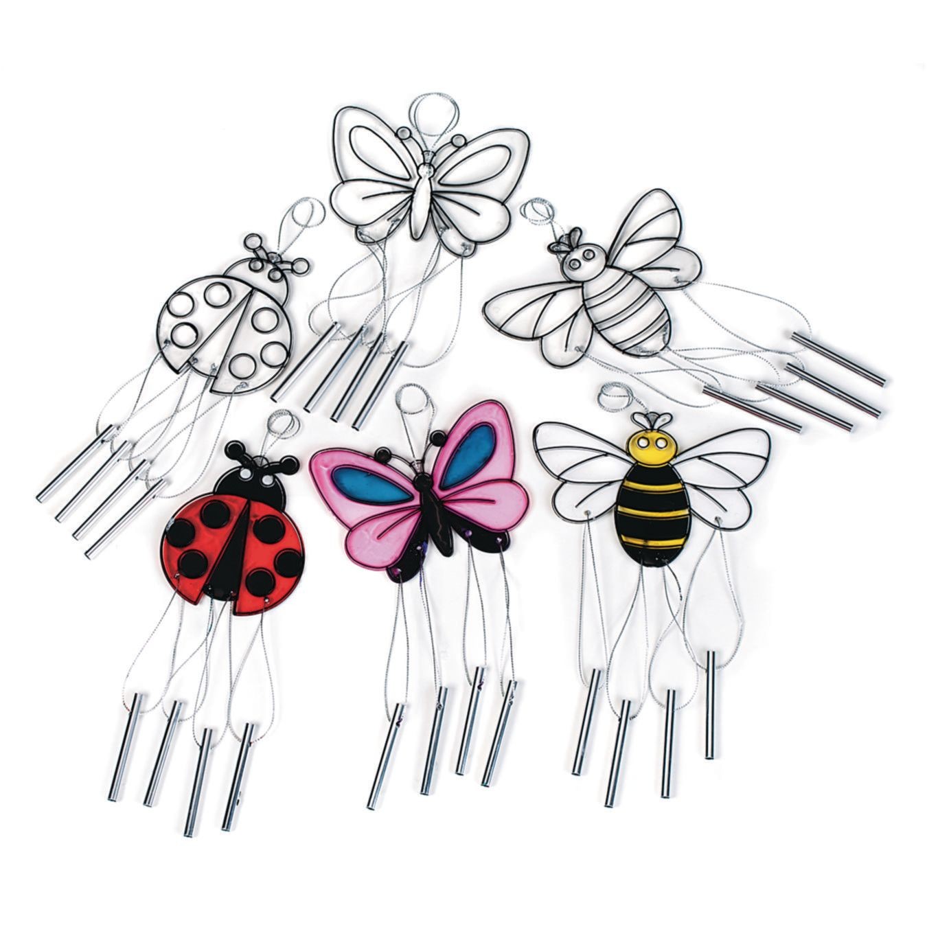 S&S Worldwide Suncatcher Bug Wind Chimes. 4 Ea of 3 Bugs: Ladybug, Butterfly & Bumblebee. Cords & Chimes Incl. 3-1/4" to 5-1/4"W. Hangs Approx. 9". Plastic, Use Markers or Glass Stain, Pack of 12. - image 1 of 2