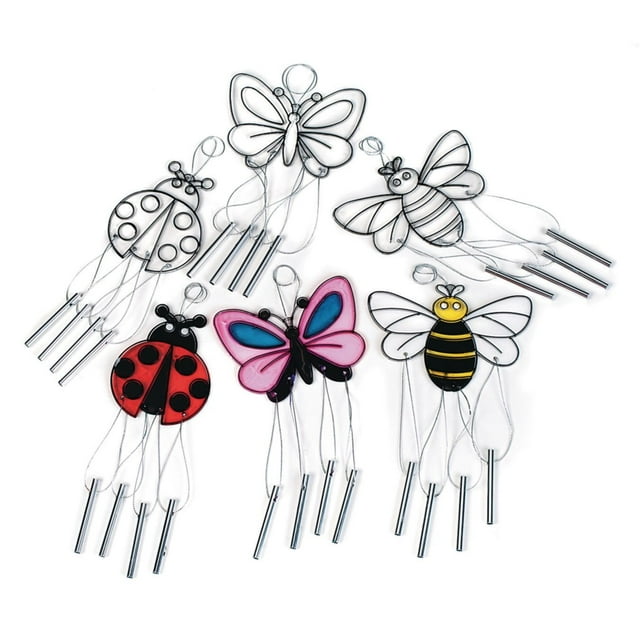 S&S Worldwide Suncatcher Bug Wind Chimes. 4 Ea of 3 Bugs: Ladybug, Butterfly & Bumblebee. Cords & Chimes Incl. 3-1/4" to 5-1/4"W. Hangs Approx. 9". Plastic, Use Markers or Glass Stain, Pack of 12.