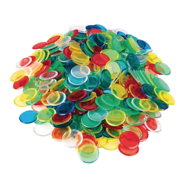 S&S Worldwide Trans<LineBreak/>parent Plastic Bingo Chips. 3/4" Diameter Chips come in a Pack of 500 Chips in Assorted Colors.