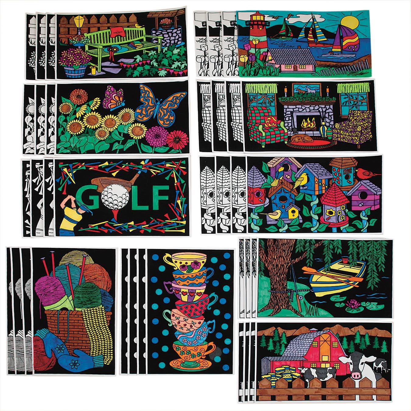 S&S Worldwide Velvet Art Landscape Posters, 5 each of 10 Designs, Designs Targeted to Adults, Men, Women, Fuzzy Posters, Color With Markers or Colored Pencils, 11" x 17" Cardstock, Pack of 30.