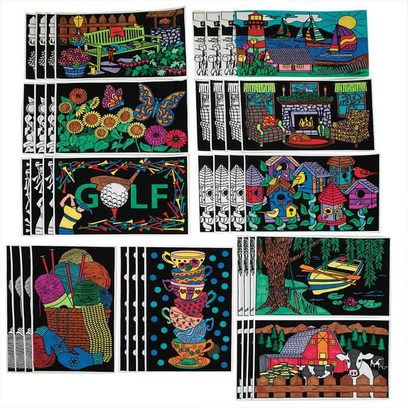 S&S Worldwide Velvet Art Landscape Posters, 5 each of 10 Designs, Designs Targeted to Adults, Men, Women, Fuzzy Posters, Color With Markers or Colored Pencils, 11" x 17" Cardstock, Pack of 30.