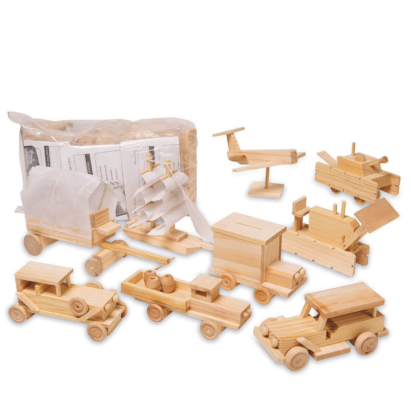 S&S Worldwide Wood Transportation Model Kit, Unfinished, Unassembled, Asst.  Vehicles, Precut Craft Wood & DIY Instructions, Wood Glue (not included),  Finished Sizes 5-1/2 to 9 long. Makes 12. 