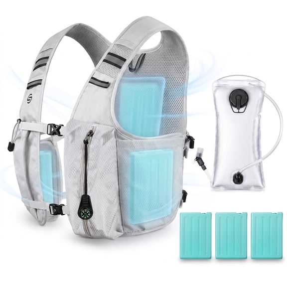S SAVIOR COOL Cooling Hydration Vest with 2L BPA-Free Water Bladder & 3 Removable Ice Packs, Lightweight Reflective Running Vest with Compass Whistle for Hot Weather Hiking Cycling Training