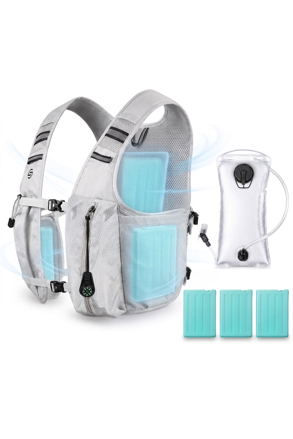 S SAVIOR COOL Cooling Hydration Vest with 2L BPA-Free Water Bladder & 3 Removable Ice Packs, Lightweight Reflective Running Vest with Compass Whistle for Hot Weather Hiking Cycling Training