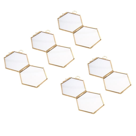 S SERENABLE 5 Pcs Gold Hexagon Brass and Glass, Metal Floating Desk Photo (Hexagon), with Locket Closure for Pictures, Art, - 3.46 x 3.35 inch