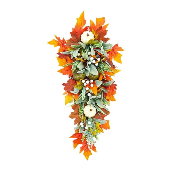 S SERENABLE Fall Harvest Swag Artificial Wall Swag with Pumpkin Maple Leaves Photo Props Teardrop Hanging Fall Wreath for Doorways Window 45cm