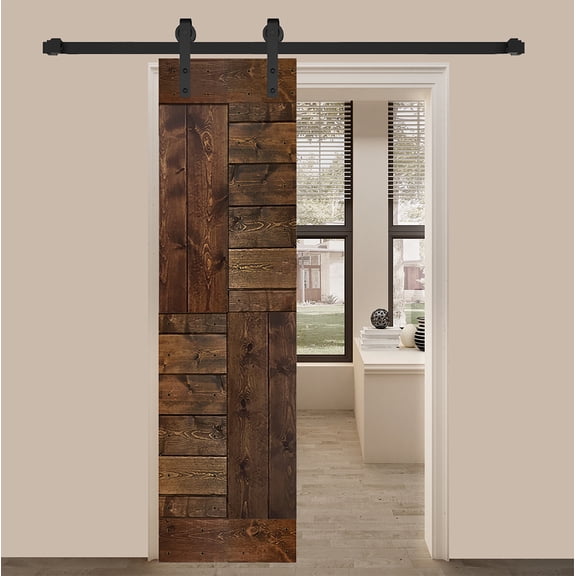 S SERIES 24in. X 84in.Dark Walnut Finished DIY Knotty Pine Wood Sliding Barn Door Slab