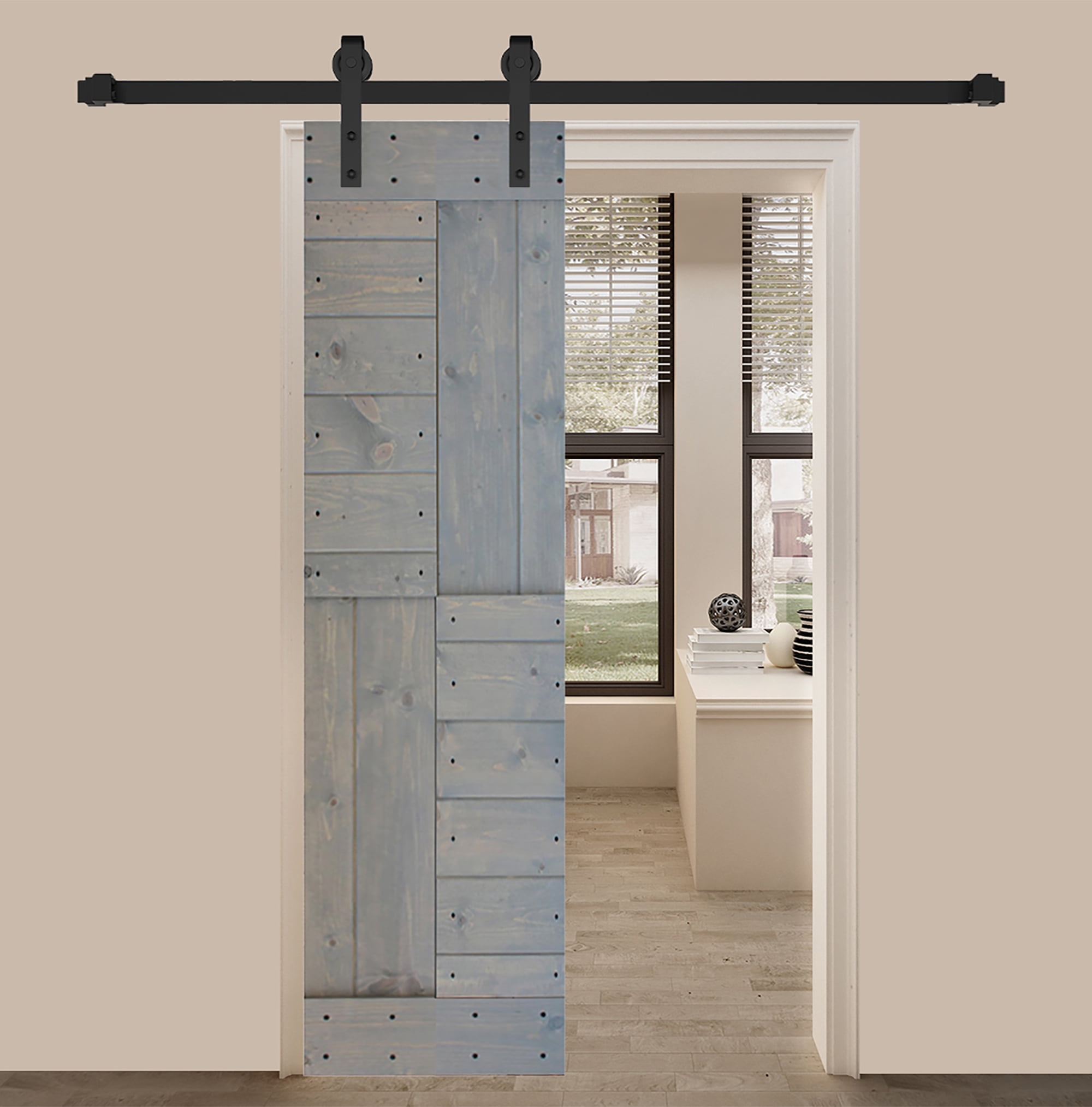 French Gray Solid Knotty Pine Wood Sliding Barn Door Slab, 24 x 84 inches