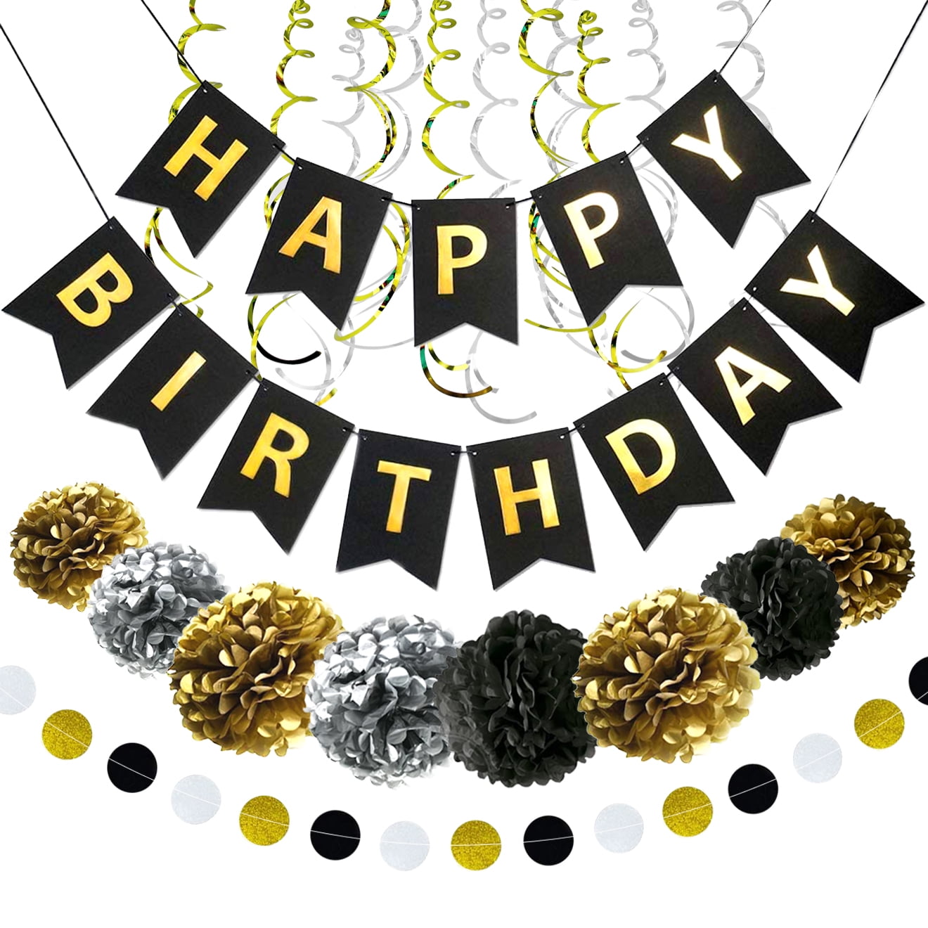 S SWIRLLINE Happy Birthday Banner Party Decorations Birthday Party Supplies  Black Gold 