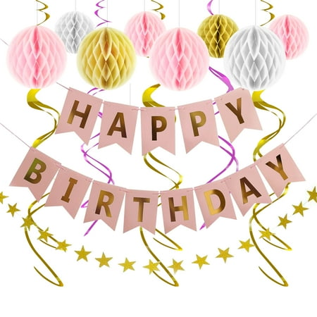 S SWIRLLINE Happy Birthday Banner Party Decorations Rose Gold Party Supplies for Girl Birthday Decor