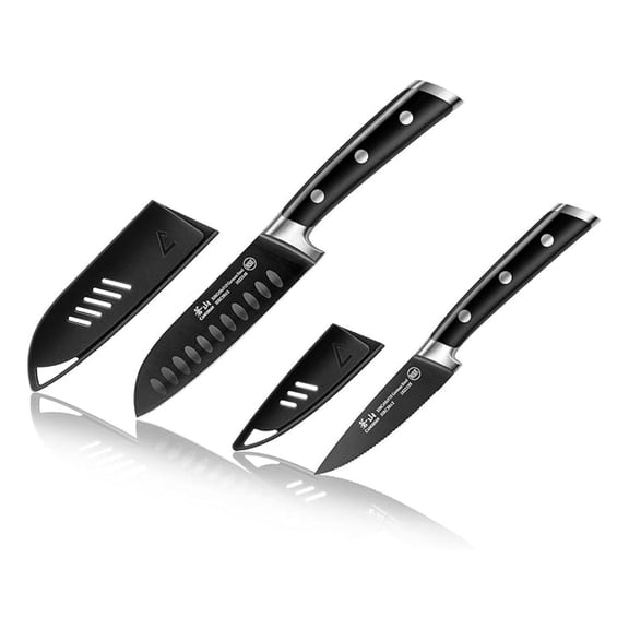 S+ Series 1022094 German Steel Forged 2-Piece Titanium Coated Santoku Starter Knife Set with Sheaths, Black