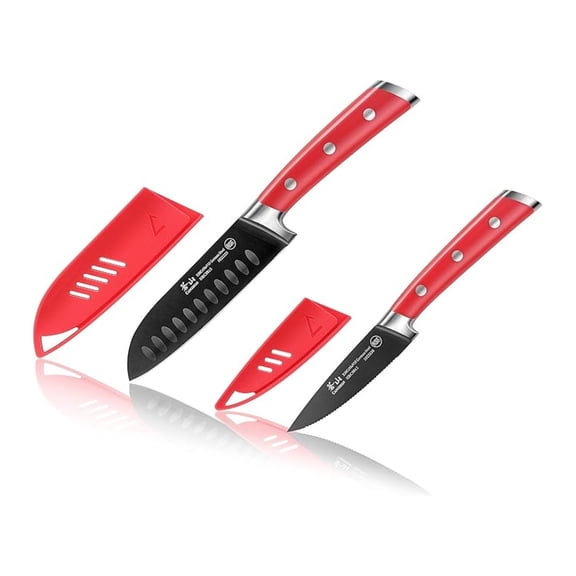 S+ Series 1022131 German Steel Forged 2-Piece Titanium Coated Santoku Starter Knife Set with Sheaths, Jupiter Red