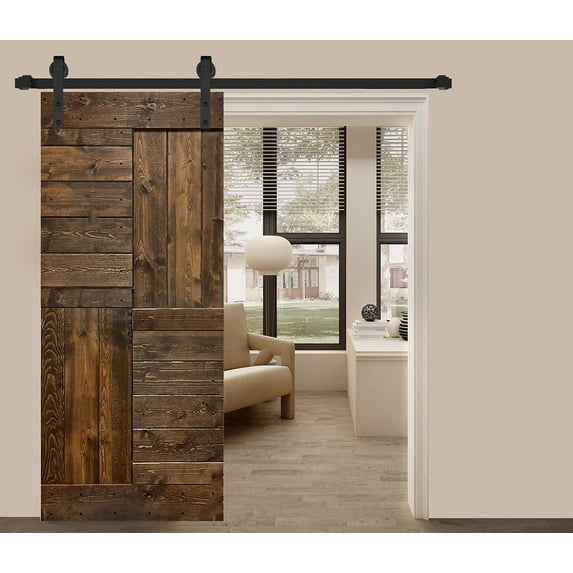 S Series 36in. X 84in. Dark Walnut Finished DIY Solid Wood Sliding Barn Door Slab-Hardware Track NOT Included