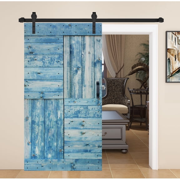 S Series 42in. X 84in. Worn Navy Finished DIY Solid Wood Sliding Barn Door With Hardware Kit - Assembly Required