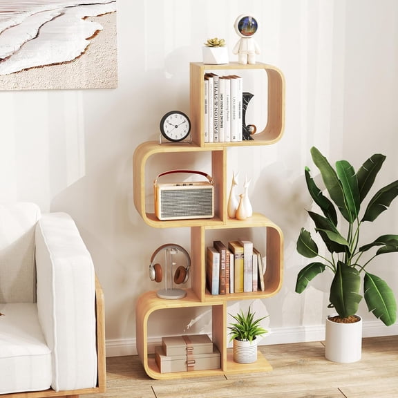 S-Shaped Bookcase, 4-Tier Corner Storage Shelf with Open Cubes for Living Room Office