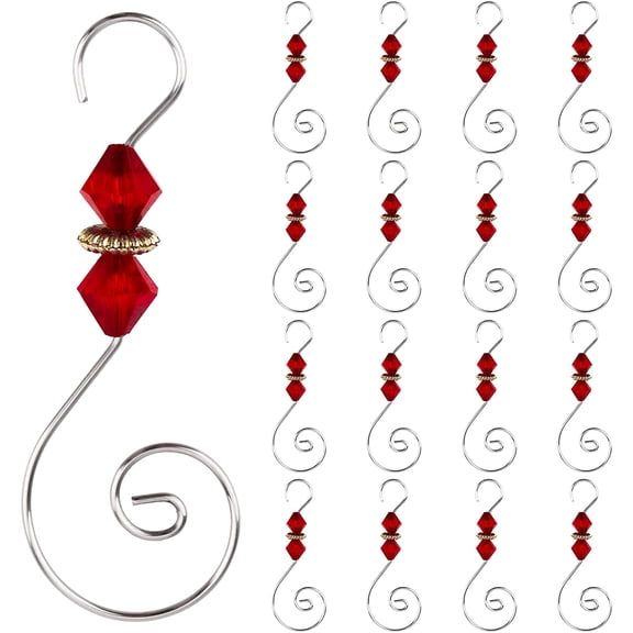 S-Shaped Christmas Tree Hanger Hooks, 30 Pcs Silver Metal Decoration Hooks with Red Rhombus Crystal Beads for Party, Home Decor