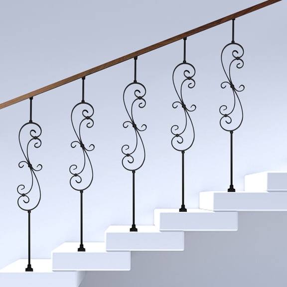 S-Shaped Iron Balusters, 5-Piece Set for Staircase with 180 Rotatable Base, Black Spray Molded Finish, Enhances Home Safety and Decor