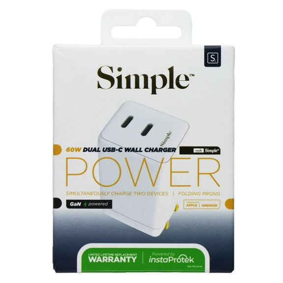 S. Simple (60W) Dual USB-C GaN Powered Folding Wall Charger - White (581231)