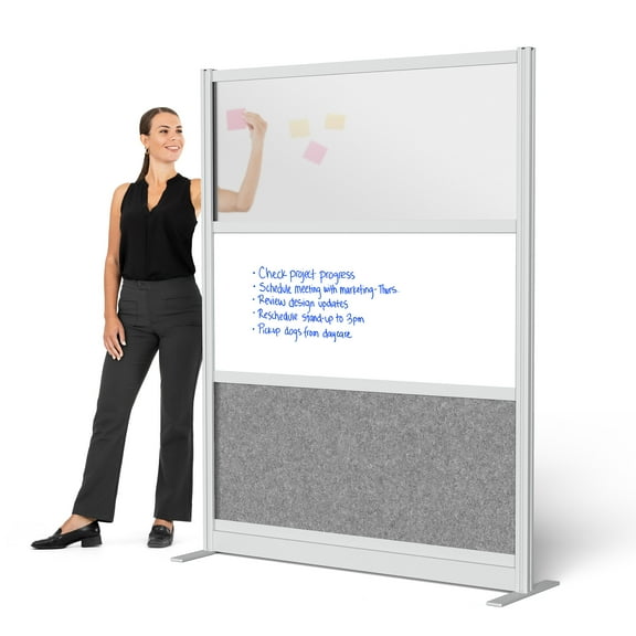 S Stand up Desk Store Modular Wall 53 x 70 Wide Gray Frame, Frosted Window, Whiteboard, Cool Gray PET