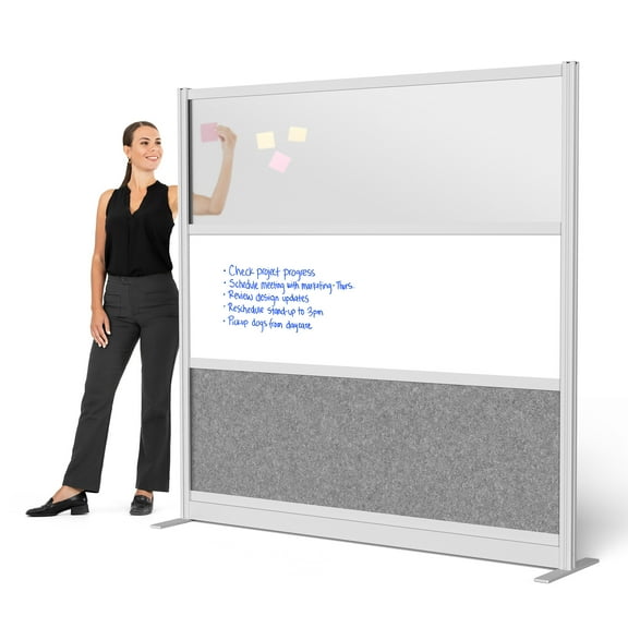 S Stand up Desk Store Modular Wall 70 x 70 Wide Gray Frame, Frosted Window, Whiteboard, Cool Gray PET