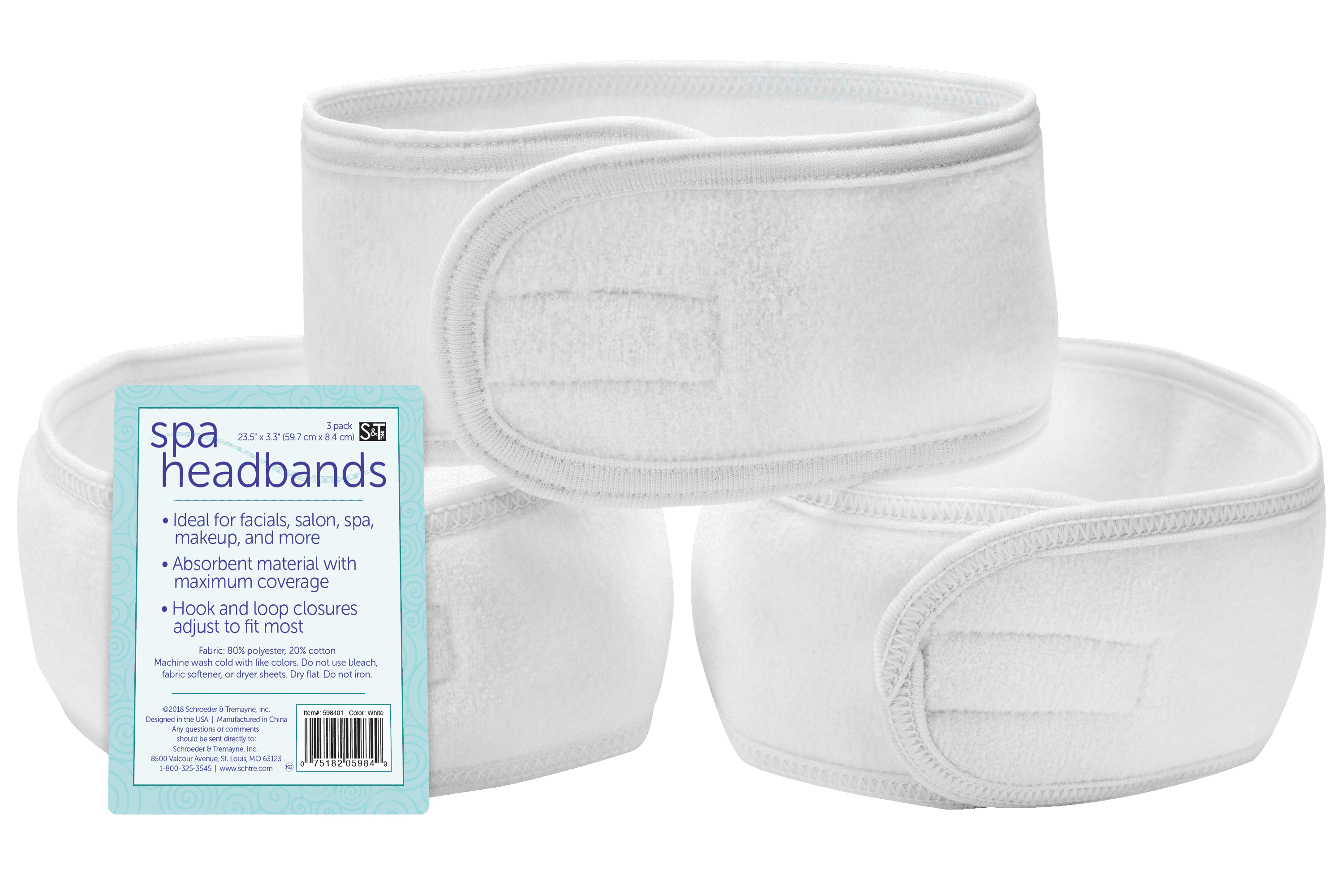 S&T INC. Adjustable Spa Facial Headbands 3 Pack, White