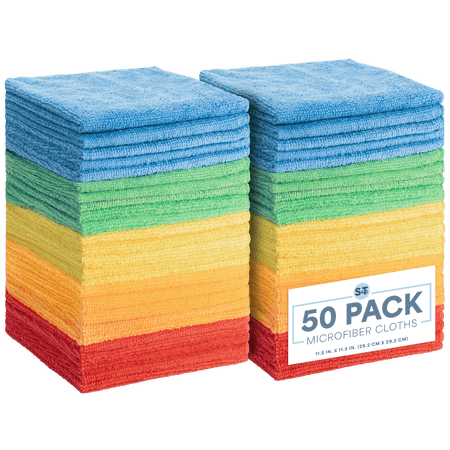 S&T INC. 50 Pack Microfiber Cleaning Cloths, Bulk Towels for Home, Cars, Cleaning, Assorted Colors, 11.5 inches x 11.5 inches, 50 Count