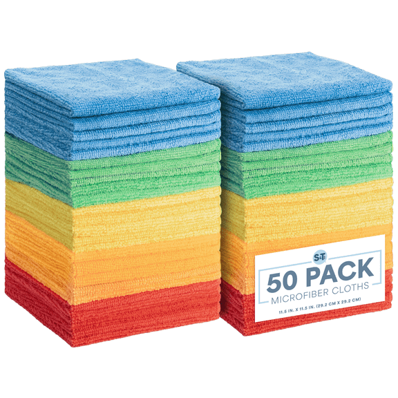S&T INC. 50 Pack Microfiber Cleaning Cloths, Bulk Towels for Home, Cars, Cleaning, Assorted Colors, 11.5 inches x 11.5 inches, 50 Count
