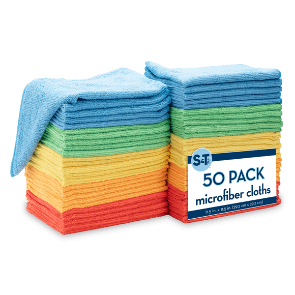 S&T INC. 50 Pack Microfiber Cleaning Cloths, Bulk Towels for Home, Cars, Cleaning, Assorted Colors, 11.5 inches x 11.5 inches, 50 Count