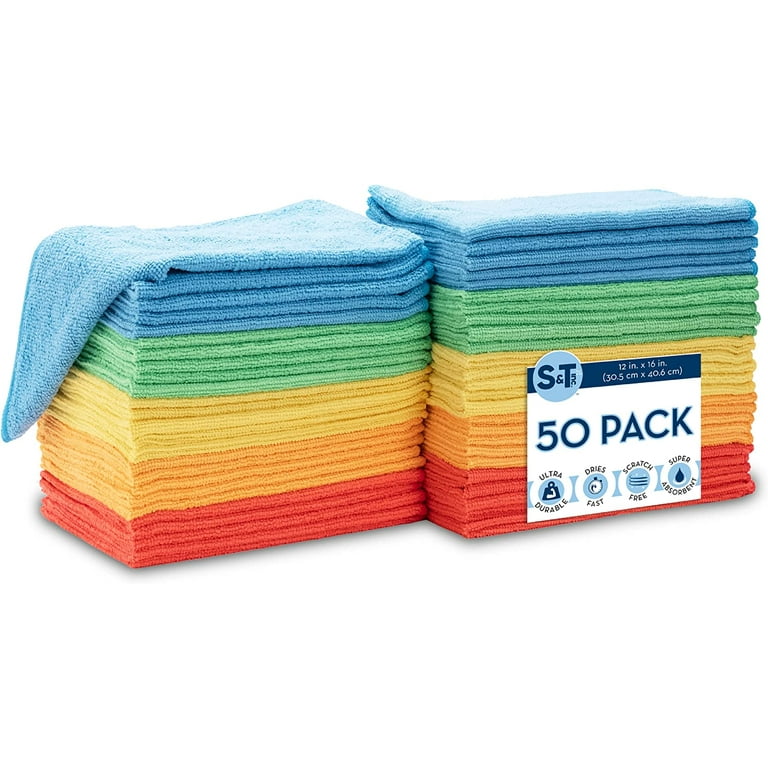 S&T Bulk Microfiber Kitchen, House, & Car Cleaning Cloths - 50 Pack, 11.5 inch x 11.5