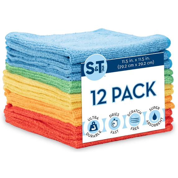 S&T INC. 12 Pack Microfiber Cleaning Cloths, Bulk Towels for Home, Cars, Cleaning, Assorted Colors, 11.5 inches x 11.5 inches, 12 Count
