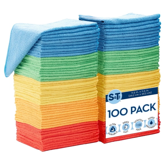 S&T INC. 100 Pack Microfiber Cleaning Cloths, Bulk Towels for Home, Cars, Cleaning, Assorted Colors, 11.5 inches x 11.5 inches, 100 Count