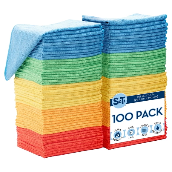 S&T INC. 100 Pack Microfiber Cleaning Cloths, Bulk Towels for Home, Cars, Cleaning, Assorted Colors, 11.5 inches x 11.5 inches, 100 Count