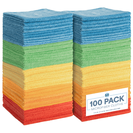 S&T INC. 100 Pack Microfiber Cleaning Cloths, Bulk Towels for Home, Cars, Cleaning, Assorted Colors, 11.5 inches x 11.5 inches, 100 Count