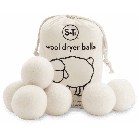 S&T INC. XL New Zealand Wool Dryer Balls, Fabric Softener for Laundry, Natural White, 2.9 in, 6 Pack