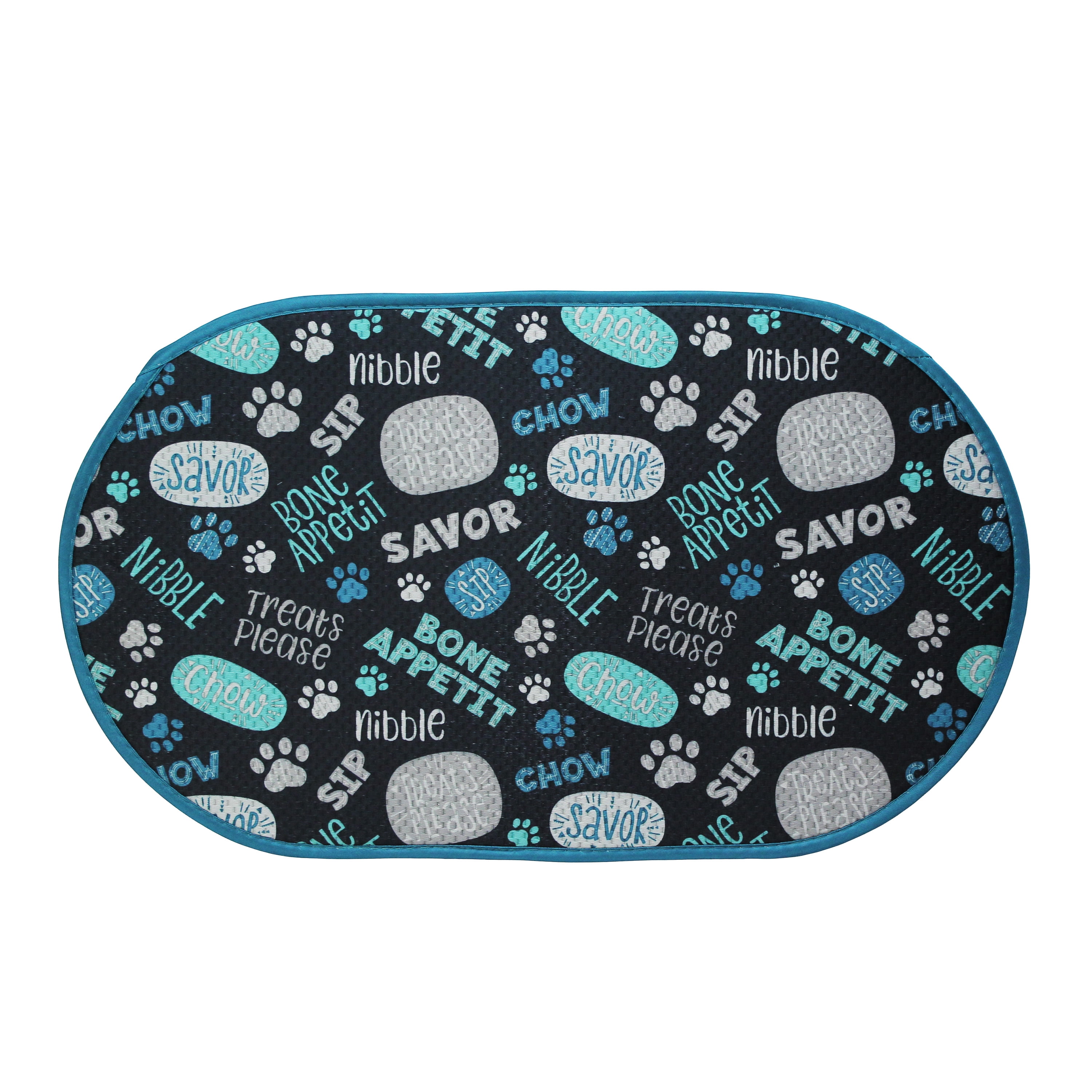 S&T INC. Pet Bowl Mat, 12.5 inch x 21.5 inch, Blue Typography Print