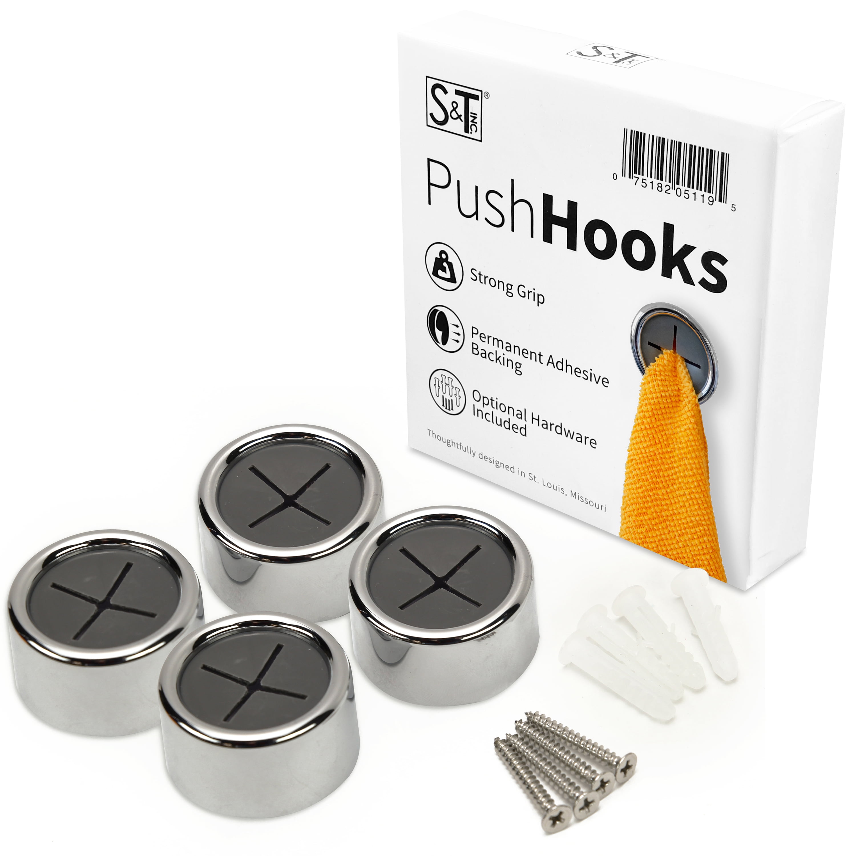 Compact Round Gray Plastic Adhesive Towel Hooks, 4-Pack