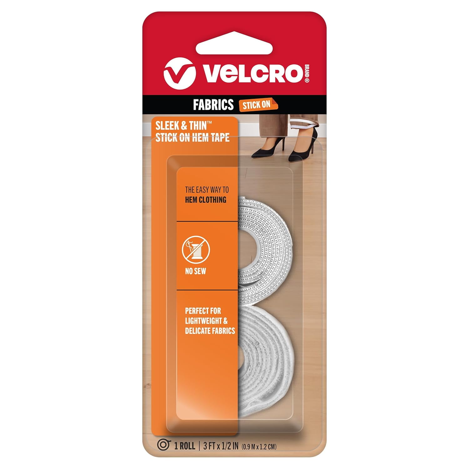 VELCRO Brand SLEEK & THIN - Stick On Hem Tape | No Sew Low Profile Hemming | 3ft X 1/2" Roll, White