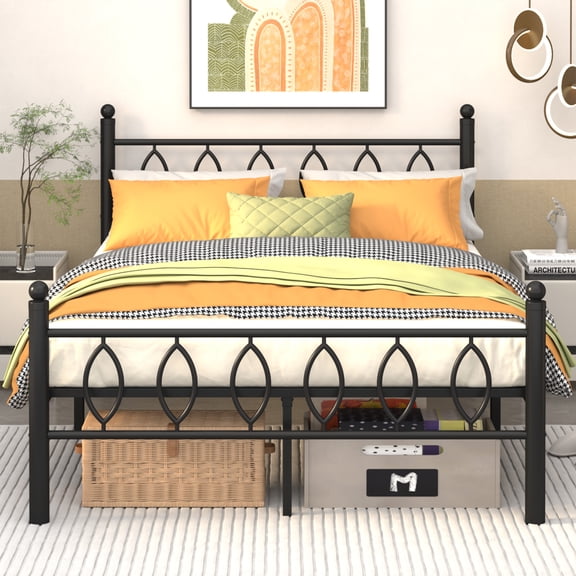 S.Tcak Full Size Metal Bed Frame & Full Bed Frames with Headboard, Noise Free, 12 inch Under Storage, Heavy Duty, No Box Spring, Black