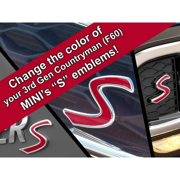 S Vinyl Decal Insert Replacements for 3rd Gen MINI Cooper Countryman (F60) S Scuttles, Front and Rear Emblems - Choose Color - [RED]
