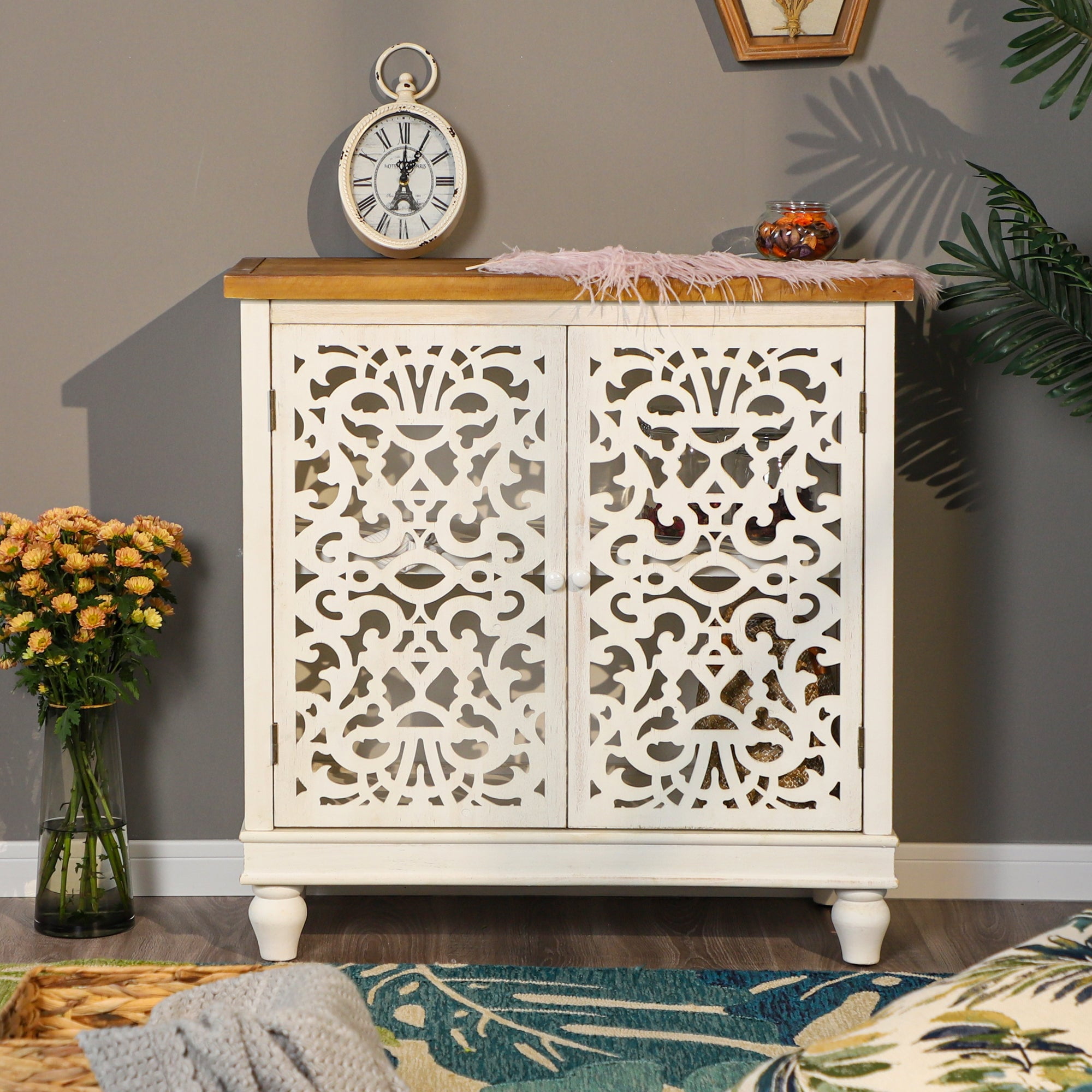 S&W 2-Door Wooden Buffet Server, Hollow-Carved Accent Cabinet for ...