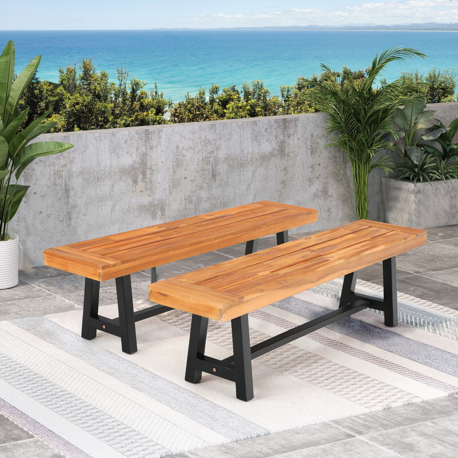 S&W 63” Outdoor Acacia Wooden Garden Picnic Bench Set of 2