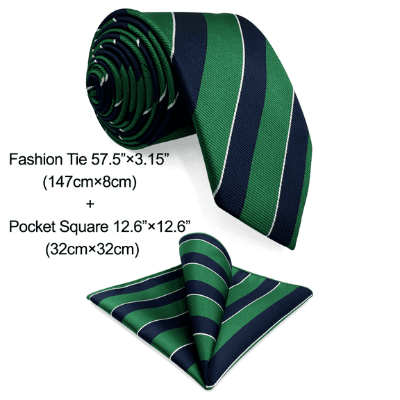 S&W SHLAX&WING Men's Ties Necktie Green Blue Stripe Classic Size 57.5" with Pocket Square