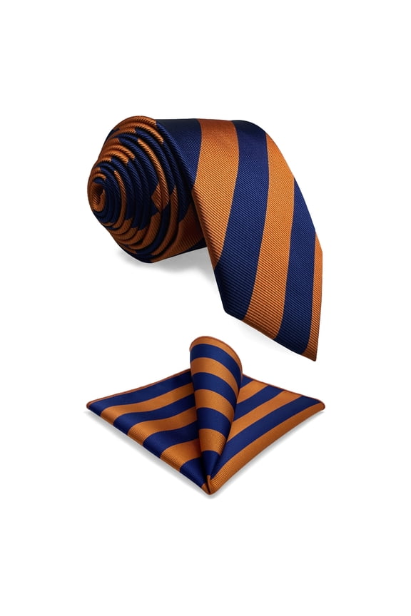 S&W SHLAX&WING Tie Sets for Men Necktie and Pocket Square Blue and Orange Stripe Extra Long Size 63" with Pocket Square
