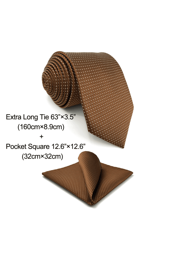S&W SHLAX&WING Ties for Men Brown Copper Formal Neck Tie with White Dots Extra Long Necktie with Pocket Square Set
