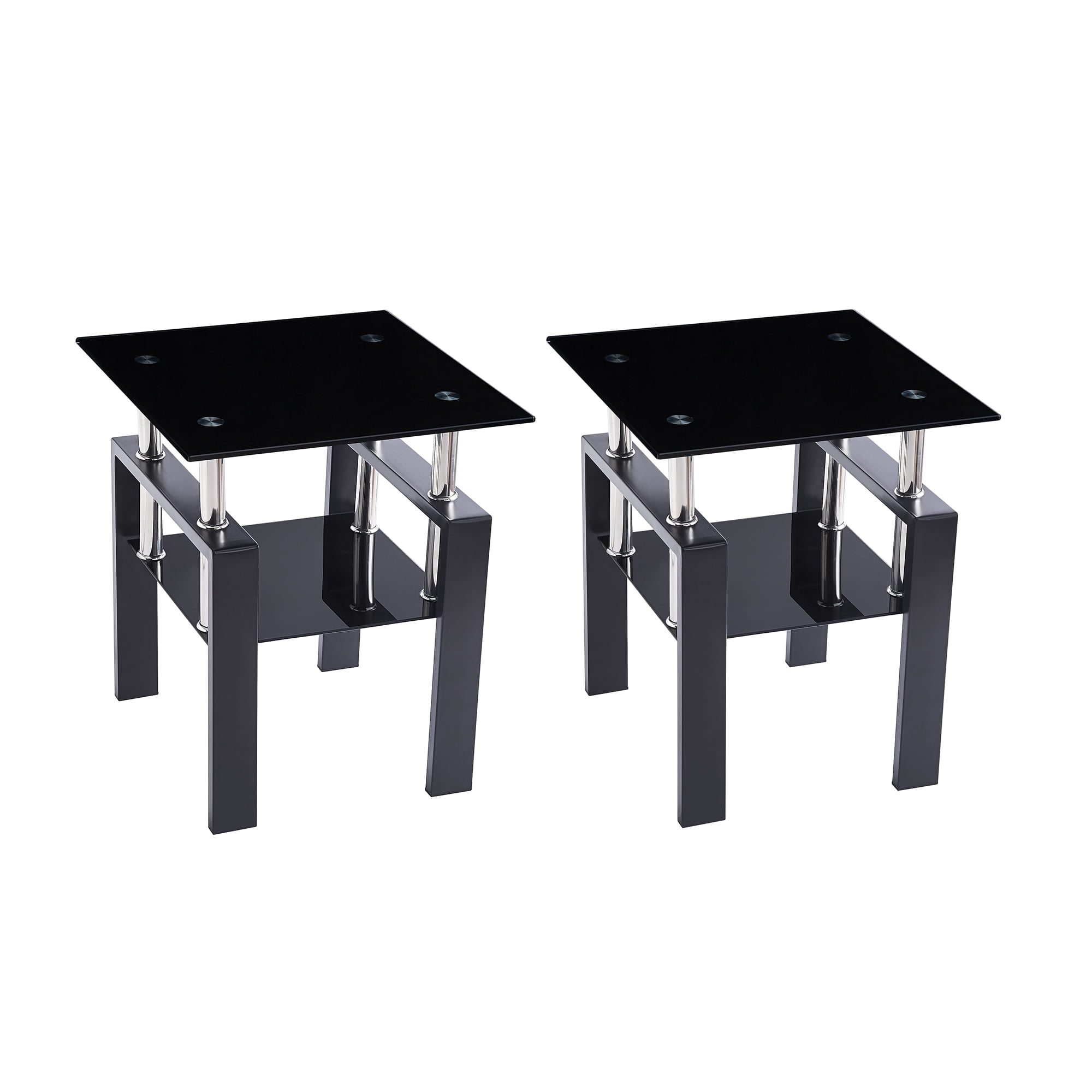 SMARTIK Set of 2 Square Glass End Table, Black  Modern Indoor Décor with Two Tiers and Tempered Glass
